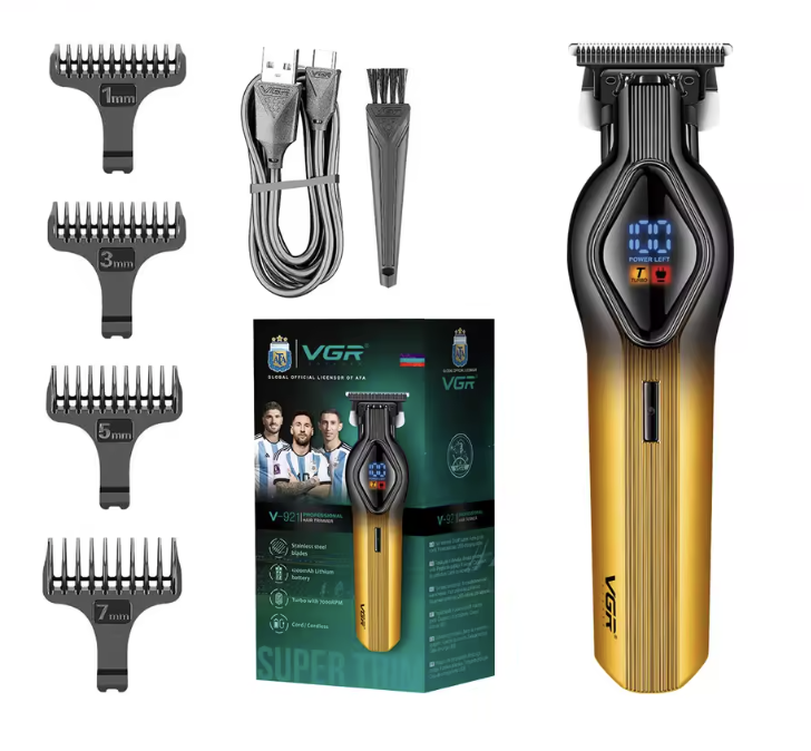 Mașină de tuns profesională reîncărcabilă V-921 – design elegant auriu