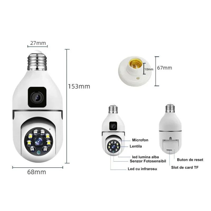 Set 2 x Jortan JTZ-9696PROB: Cameră Supraveghere Duală Tip Bec, HD, WiFi, Vedere 360° Full Color+ CADOU SURPRIZA